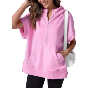 Fisoew Womens Oversized Half Zip Hoodies Short Sleeve Casual Sweatshirts Pullover Tops with Pockets(Pink)
