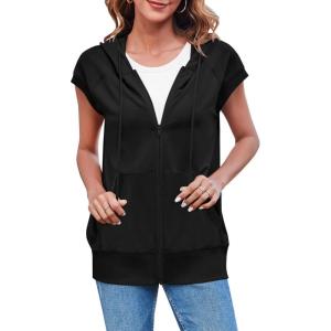Fisoew Women’s Sleeveless Zip Up Hoodies Casual Loose Fit Drawstring Sweatshirts Lightweight Jackets Vest with Pockets(Black)