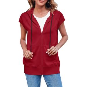 Fisoew Women’s Sleeveless Zip Up Hoodies Casual Loose Fit Drawstring Sweatshirts Lightweight Jackets Vest with Pockets(Dark Red)