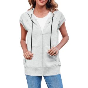 Fisoew Women’s Sleeveless Zip Up Hoodies Casual Loose Fit Drawstring Sweatshirts Lightweight Jackets Vest with Pockets(Light Grey)