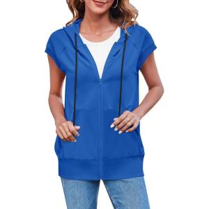 Fisoew Women’s Sleeveless Zip Up Hoodies Casual Loose Fit Drawstring Sweatshirts Lightweight Jackets Vest with Pockets(Navy Blue)