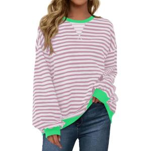 Fisoew Womens Striped Oversized Sweatshirt Color Block Crew Neck Long Sleeve Shirt Casual Loose Pullover Top Y2K Clothes(Light Pink)