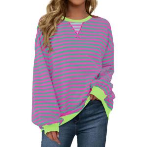 Fisoew Womens Striped Oversized Sweatshirt Color Block Crew Neck Long Sleeve Shirt Casual Loose Pullover Top Y2K Clothes(Pink)