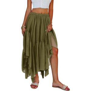 Fisoew Womens Summer Boho Maxi Skirt Casual Asymmetric High-Low Hem Flowy Bohemia Long Skirt(Army Green)