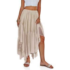 Fisoew Womens Summer Boho Maxi Skirt Casual Asymmetric High-Low Hem Flowy Bohemia Long Skirt(Beige)