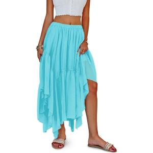 Fisoew Womens Summer Boho Maxi Skirt Casual Asymmetric High-Low Hem Flowy Bohemia Long Skirt(Blue)