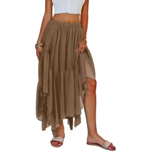 Fisoew Womens Summer Boho Maxi Skirt Casual Asymmetric High-Low Hem Flowy Bohemia Long Skirt(Brown)