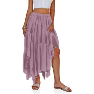Fisoew Womens Summer Boho Maxi Skirt Casual Asymmetric High-Low Hem Flowy Bohemia Long Skirt(Purple)