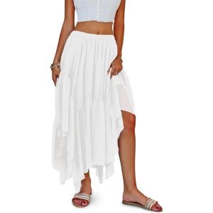 Fisoew Womens Summer Boho Maxi Skirt Casual Asymmetric High-Low Hem Flowy Bohemia Long Skirt(White)