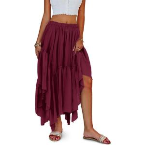 Fisoew Womens Summer Boho Maxi Skirt Casual Asymmetric High-Low Hem Flowy Bohemia Long Skirt(Wine Red)