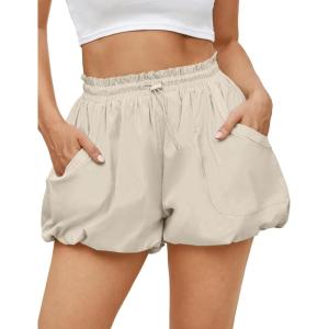 Fisoew Womens Summer Bubble Shorts Casual High Waisted Workout Puffy Shorts with Pockets(Apricot)
