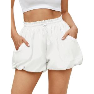 Fisoew Womens Summer Bubble Shorts Casual High Waisted Workout Puffy Shorts with Pockets(Beige)