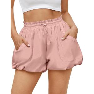 Fisoew Womens Summer Bubble Shorts Casual High Waisted Workout Puffy Shorts with Pockets(Light Pink)