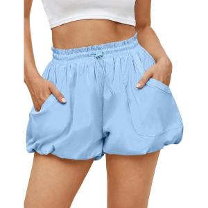 Fisoew Womens Summer Bubble Shorts Casual High Waisted Workout Puffy Shorts with Pockets(Sky Blue)