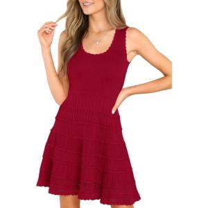 Fisoew Womens Summer Mini Dresses Casual Crewneck Knitted Crochet Hem Flowy Tank Sundress(Red)