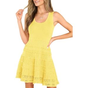 Fisoew Womens Summer Mini Dresses Casual Crewneck Knitted Crochet Hem Flowy Tank Sundress(Yellow)