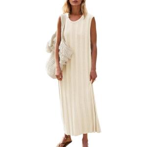 Fisoew Women’s Summer Sleeveless Maxi Dress Scoop Neck Ribbed Knit Tank Top Dresses(Beige)