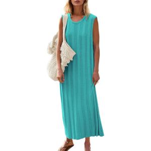 Fisoew Women’s Summer Sleeveless Maxi Dress Scoop Neck Ribbed Knit Tank Top Dresses(Lake Blue)