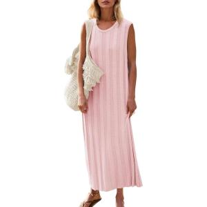Fisoew Women’s Summer Sleeveless Maxi Dress Scoop Neck Ribbed Knit Tank Top Dresses(Pink)