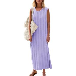 Fisoew Women’s Summer Sleeveless Maxi Dress Scoop Neck Ribbed Knit Tank Top Dresses(Purple)