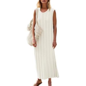 Fisoew Women’s Summer Sleeveless Maxi Dress Scoop Neck Ribbed Knit Tank Top Dresses(White)