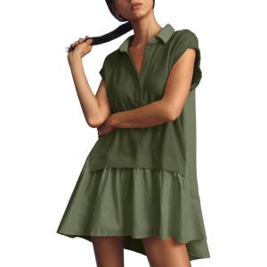 Fisoew Womens Summer Sweatshirt Dresses Short Sleeve V Neck Casual Oversized Patchwork Mini Dress(Army Green)
