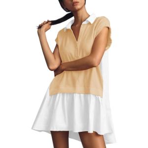 Fisoew Womens Summer Sweatshirt Dresses Short Sleeve V Neck Casual Oversized Patchwork Mini Dress(Khaki)