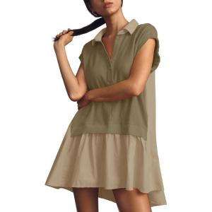 Fisoew Womens Summer Sweatshirt Dresses Short Sleeve V Neck Casual Oversized Patchwork Mini Dress(Light Brown)