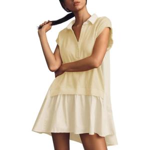 Fisoew Womens Summer Sweatshirt Dresses Short Sleeve V Neck Casual Oversized Patchwork Mini Dress(Light Khaki)