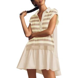 Fisoew Womens Summer Sweatshirt Dresses Short Sleeve V Neck Casual Oversized Patchwork Mini Dress(Pattern-khaki)