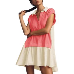 Fisoew Womens Summer Sweatshirt Dresses Short Sleeve V Neck Casual Oversized Patchwork Mini Dress(Watermelon Red)