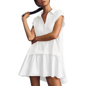 Fisoew Womens Summer Sweatshirt Dresses Short Sleeve V Neck Casual Oversized Patchwork Mini Dress(White)