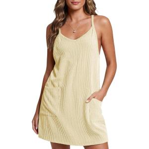 Fisoew Womens Tennis Athletic Dress Mini Romper Dress with Built in Shorts Summer Vacation Outfits(C-beige)