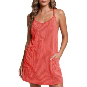 Fisoew Womens Tennis Athletic Dress Mini Romper Dress with Built in Shorts Summer Vacation Outfits(C-orange Red)