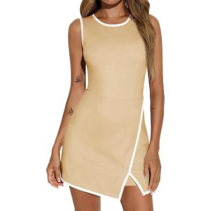 Fisoew Women’s Workout Tennis Dress with Built-in Bra & Shorts Pockets Sleeveless Crewneck Golf Athletic Mini Dresses(Khaki)