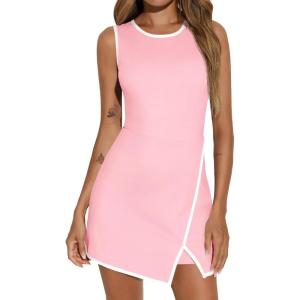 Fisoew Women’s Workout Tennis Dress with Built-in Bra & Shorts Pockets Sleeveless Crewneck Golf Athletic Mini Dresses(Pink)