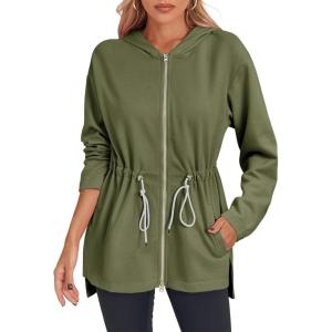 Fisoew Women’s Zip Up Hoodie Sweatshirts Oversized Long Sleeve Casual Drawstring Waist Side Slit Tunic Tops(Army Green)