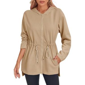 Fisoew Women’s Zip Up Hoodie Sweatshirts Oversized Long Sleeve Casual Drawstring Waist Side Slit Tunic Tops(Khaki)