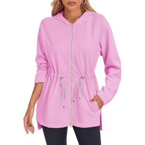 Fisoew Women’s Zip Up Hoodie Sweatshirts Oversized Long Sleeve Casual Drawstring Waist Side Slit Tunic Tops(Pink)