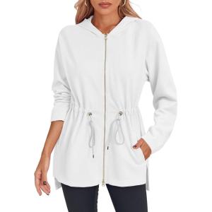 Fisoew Women’s Zip Up Hoodie Sweatshirts Oversized Long Sleeve Casual Drawstring Waist Side Slit Tunic Tops(White)