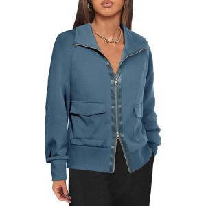 Fisoew Women’s Zip up Sweatshirt Collared Neck Long Sleeve Loose Casual Lightweight Jacket with Pockets(Blue(darker))