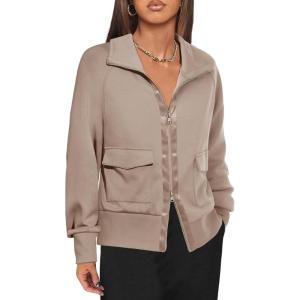 Fisoew Women’s Zip up Sweatshirt Collared Neck Long Sleeve Loose Casual Lightweight Jacket with Pockets(Khaki)