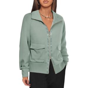 Fisoew Women’s Zip up Sweatshirt Collared Neck Long Sleeve Loose Casual Lightweight Jacket with Pockets(Pea Green)