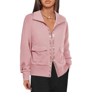 Fisoew Women’s Zip up Sweatshirt Collared Neck Long Sleeve Loose Casual Lightweight Jacket with Pockets(Pink)