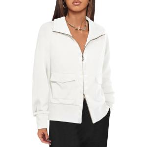 Fisoew Women’s Zip up Sweatshirt Collared Neck Long Sleeve Loose Casual Lightweight Jacket with Pockets(White)