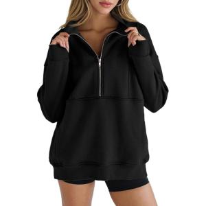 Women’s Half Zip Sweatshirts Fleece Stand Collar Long Sleeve Thumb Hole Oversized Pullovers with Pockets(Black)