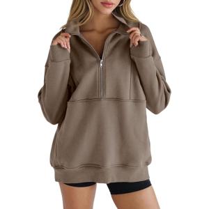 Women’s Half Zip Sweatshirts Fleece Stand Collar Long Sleeve Thumb Hole Oversized Pullovers with Pockets(Brown)