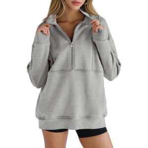 Women’s Half Zip Sweatshirts Fleece Stand Collar Long Sleeve Thumb Hole Oversized Pullovers with Pockets(Grey)
