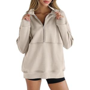 Women’s Half Zip Sweatshirts Fleece Stand Collar Long Sleeve Thumb Hole Oversized Pullovers with Pockets(Khaki)
