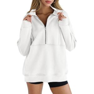 Women’s Half Zip Sweatshirts Fleece Stand Collar Long Sleeve Thumb Hole Oversized Pullovers with Pockets(White)